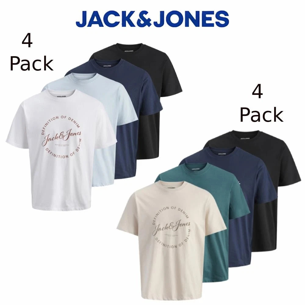 Jack & Jones Mens Crew Neck T-Shirt 4 Pack Soft Cotton Regular Fit Tee Set S-2XL