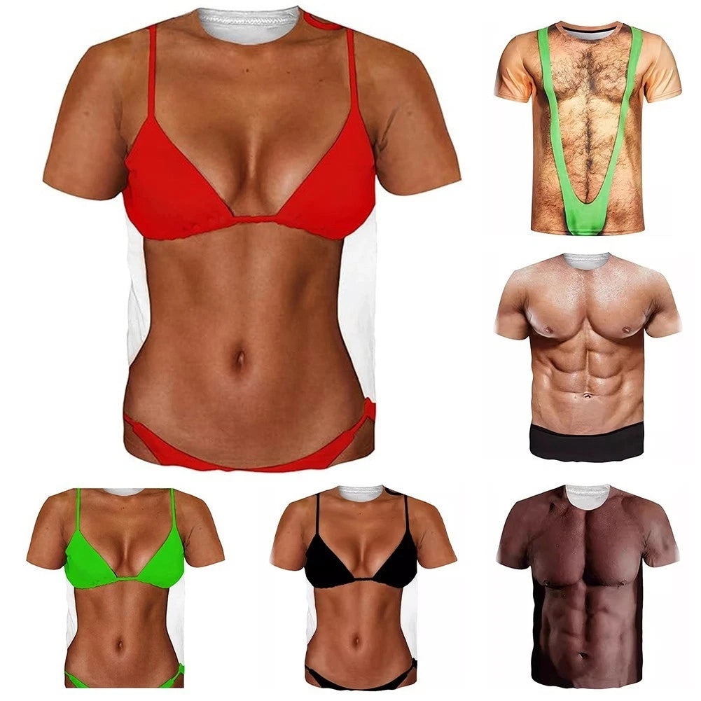Street Style Men TShirts With 3D Fake Chest Print Casual Gym Short Sleeve
