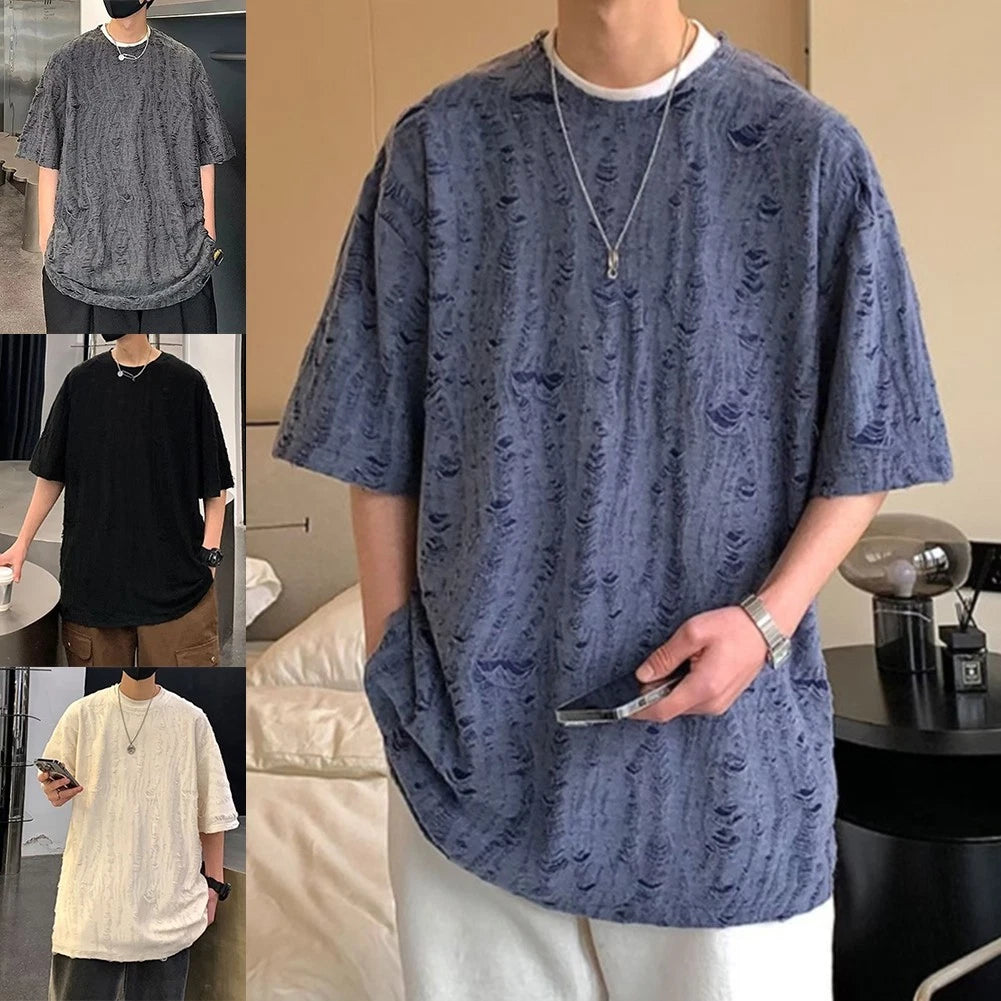 Trendy Men's Distressed Ripped Short Sleeve T Shirt for Warm Weather Activities