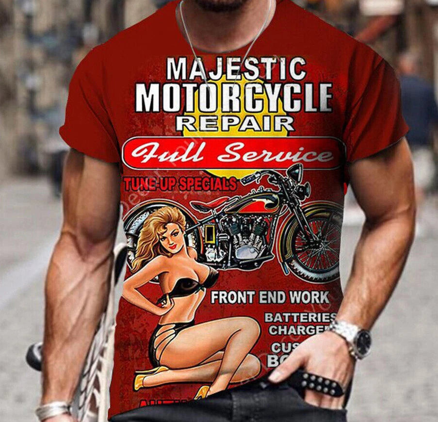 Vintage Motorcycle Repair Pin-Up: Classic Biker's Tee | Retro REGULAR USA SIZING