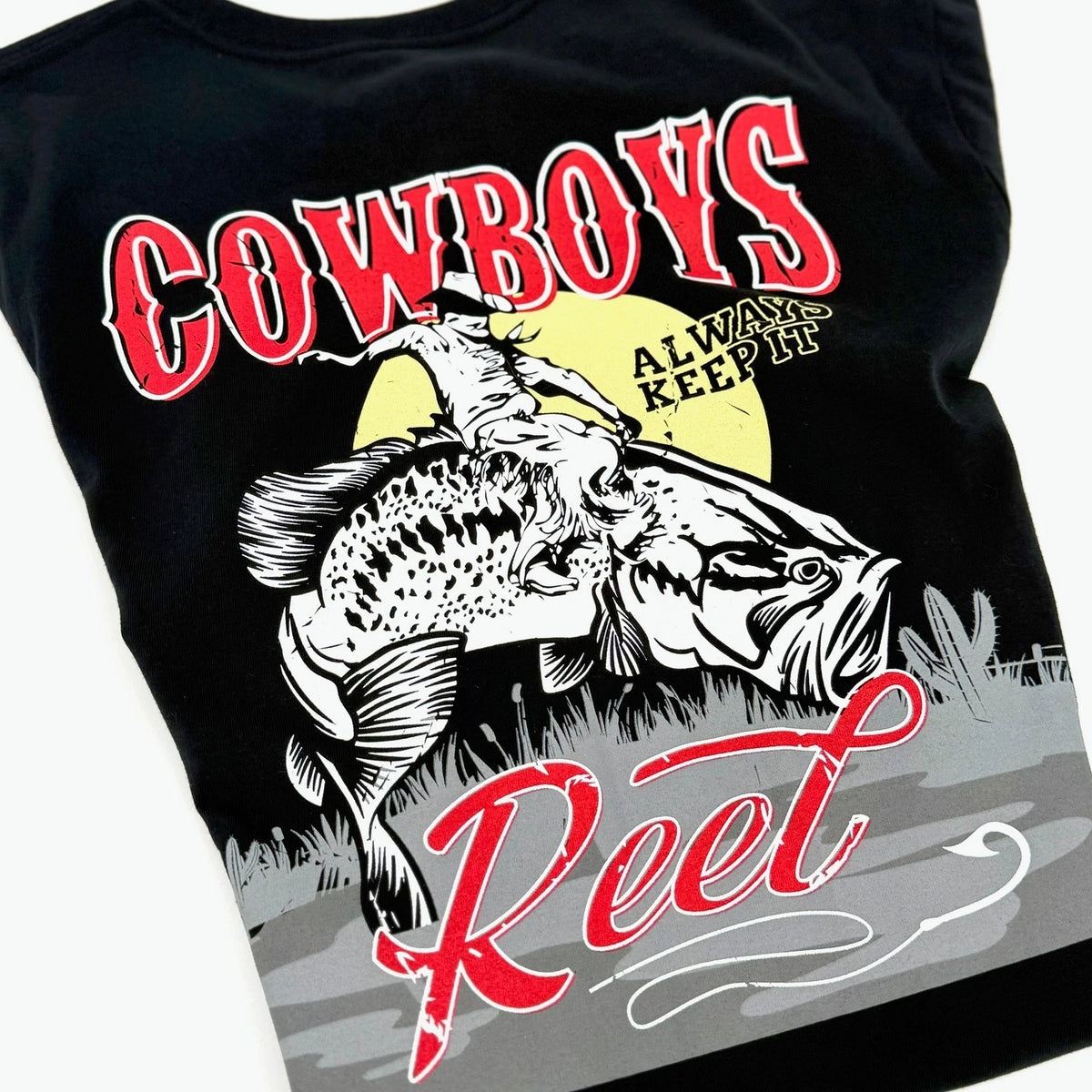 Bass Pro Shops Graphic Tee Mens M Black NWT Cowboys Always Keep It Reel Bass