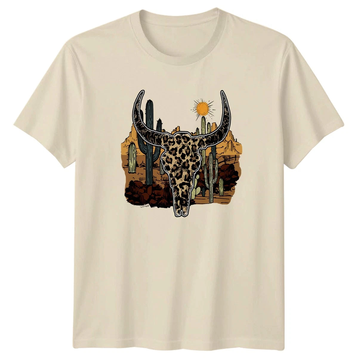 Leopard Print Bull Skull Desert Cactus Womens T-Shirt Boho Aesthetic Western