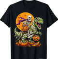 Skeleton Riding Dinosaur Spooky Season Funny Boys Halloween T-Shirt