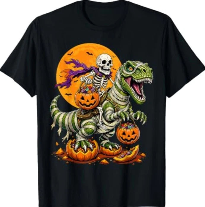 Skeleton Riding Dinosaur Spooky Season Funny Boys Halloween T-Shirt