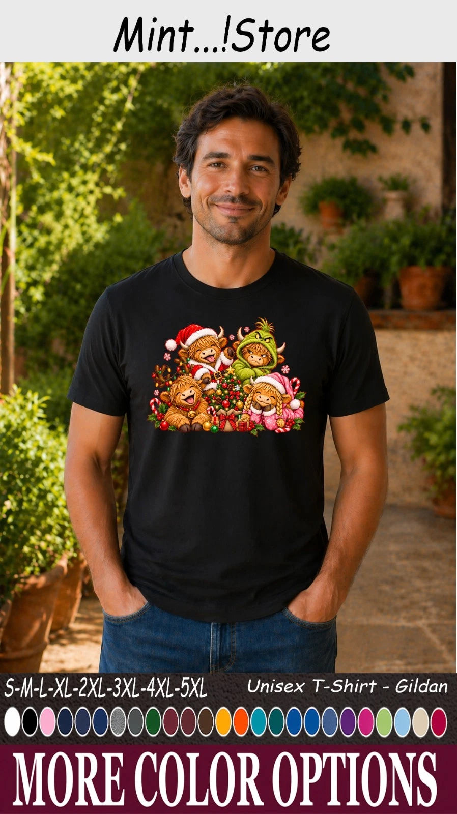 Highland Cow Christmas T-Shirt, Cute Festive Farm Animal Holiday Tee Image 1 of 4