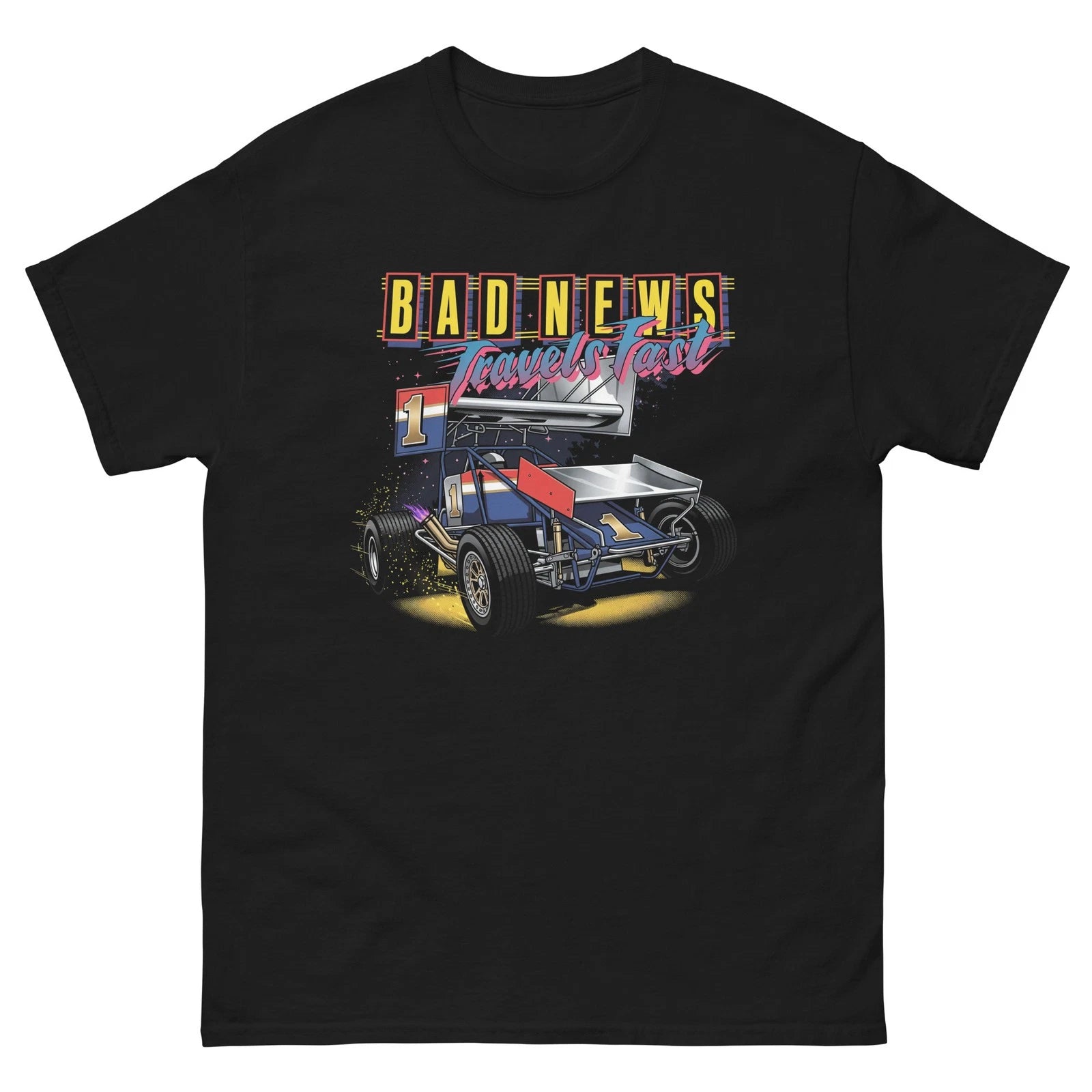 90s Retro Sprint Car Shirt Bad News Travels Fast Racing Graphic