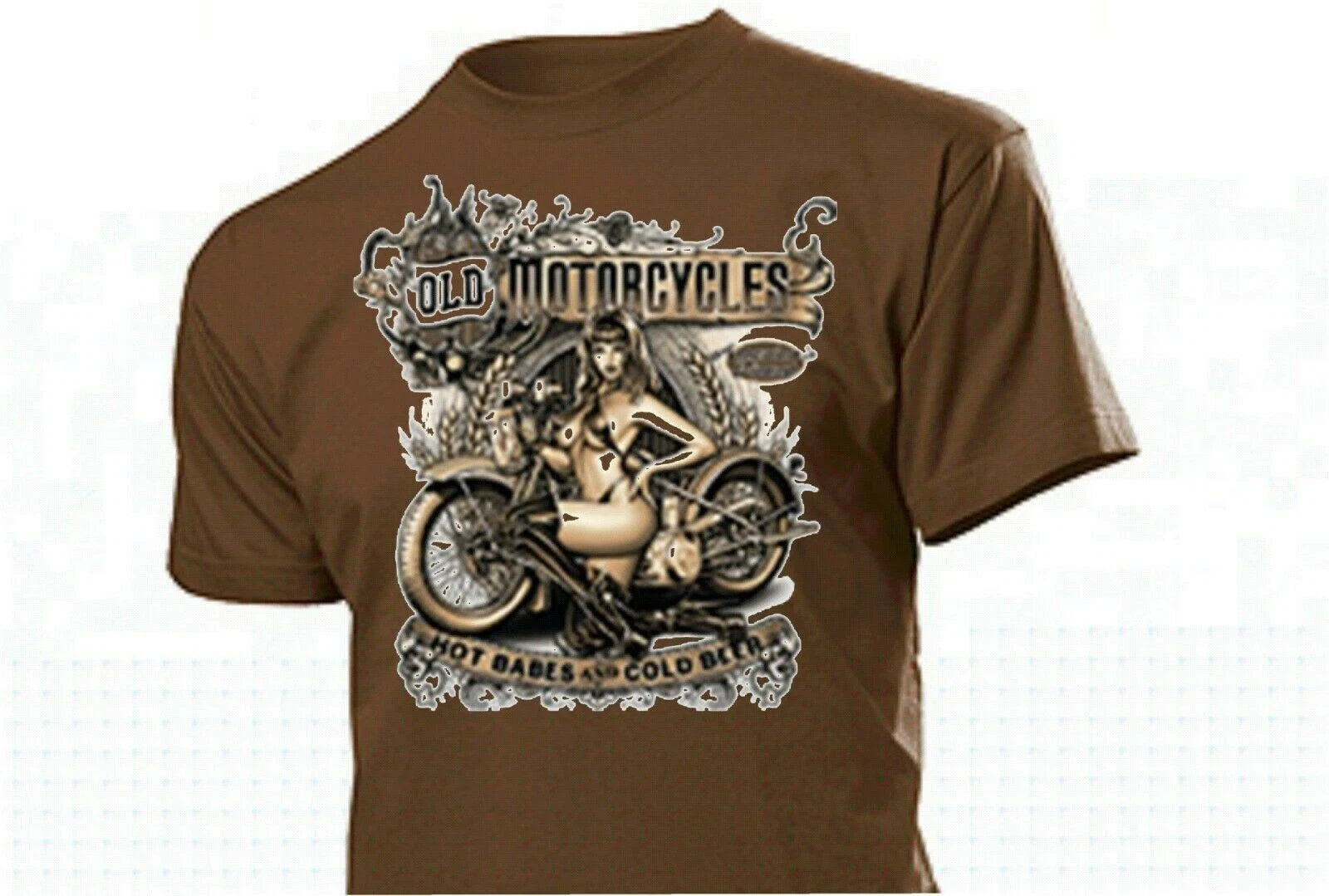 T-Shirt Old Motorcycles Hot Babes & Cold Beer Rockabilly Vintage Biker Nose Art