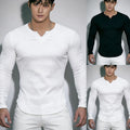 Men's Polyester Spandex V Neck Long Sleeve Tee Athletic Workout Streetwear Top