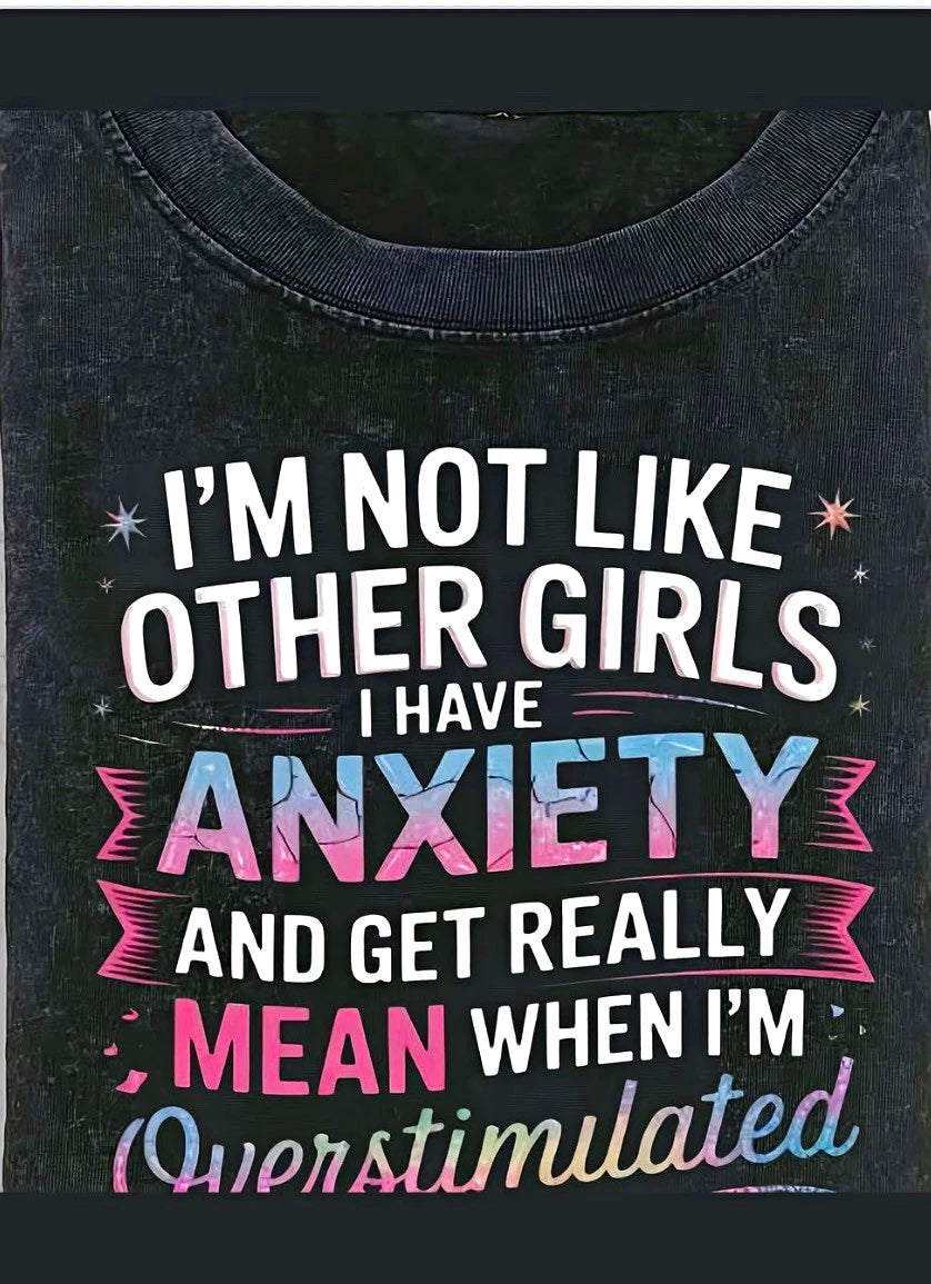 Black Funny Graphic Print Crew Neck T-Shirt L/XL “I Have Anxiety” Unisex