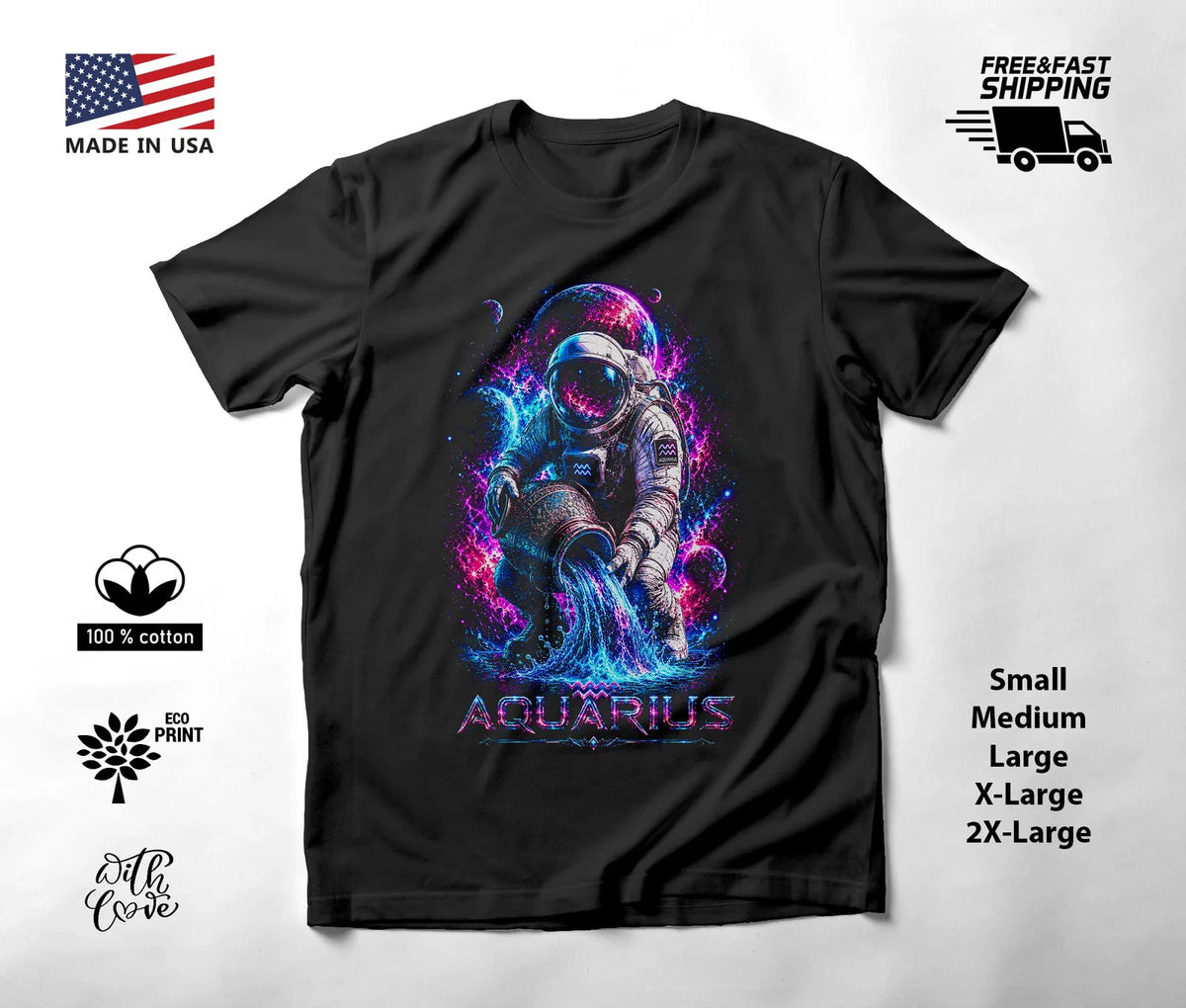 Aquarius Astronaut Pouring Stars Zodiac T-Shirt Black Unisex