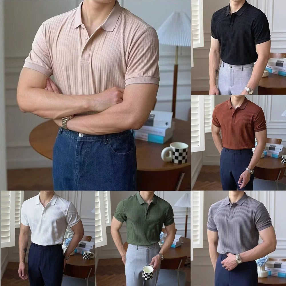 Solid or Striped Men's Short Sleeve Casual Shirt with Lapel Korean Aesthetic