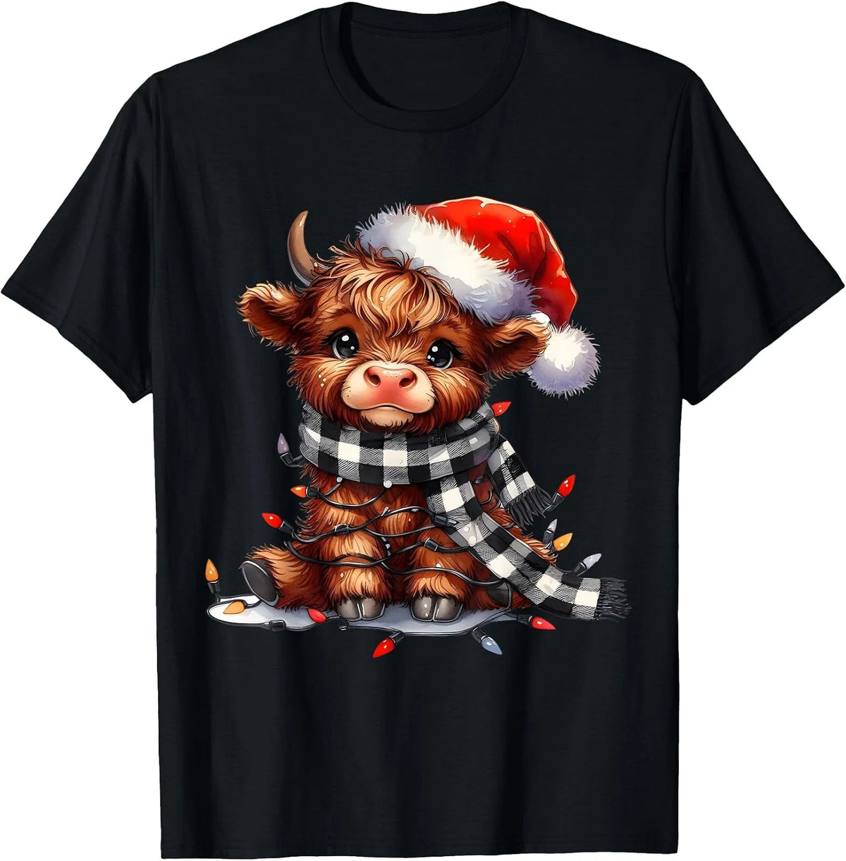 Adorable Highland Cow Christmas Lights T-Shirt for a Fun Holiday Look Image 1 of 3