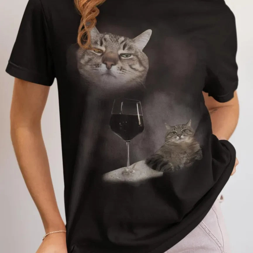 Funny Wine Cat Dank Meme Tee Shirt, Unhinged Clothes, Silly Cats T-shirt