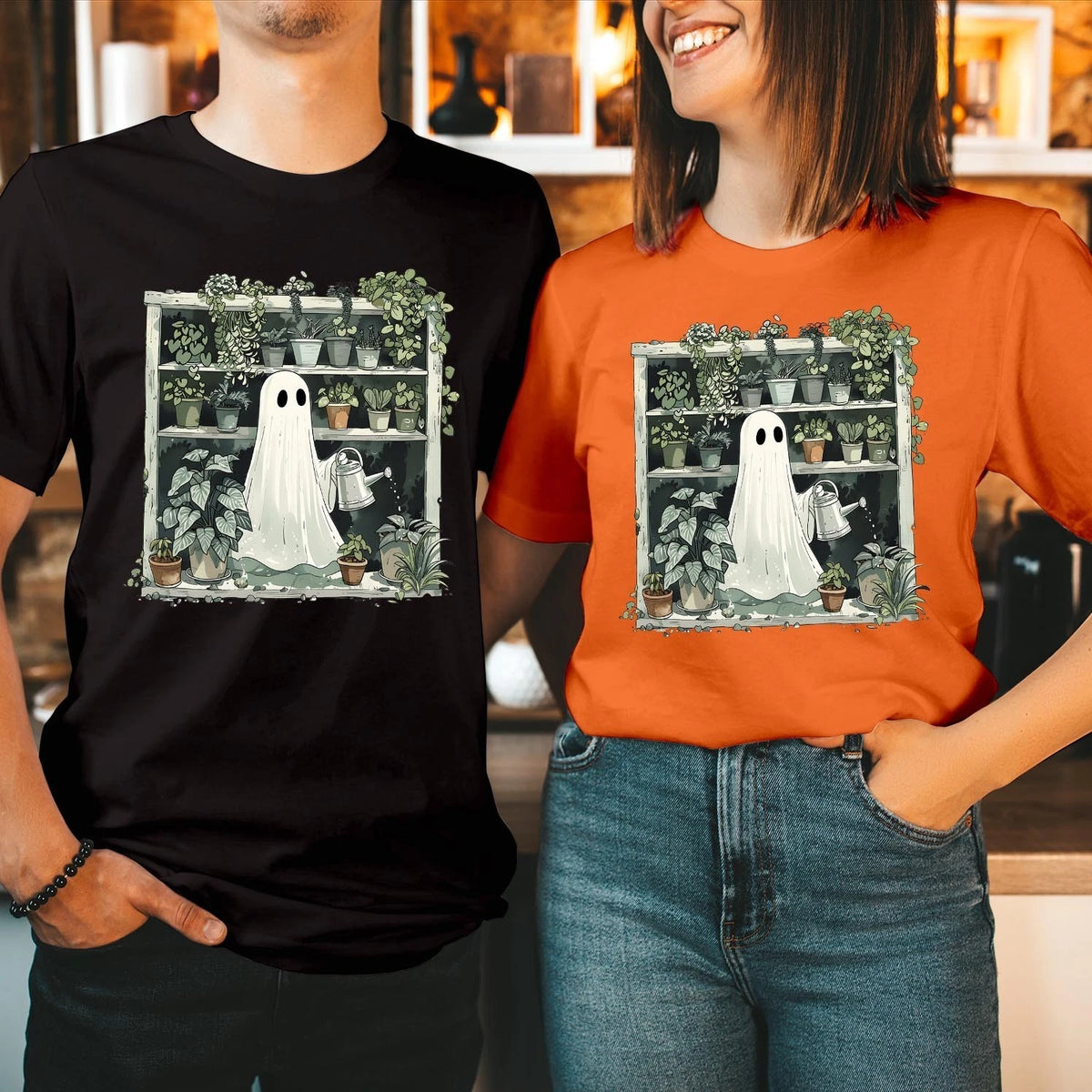 Ghost Plant Lady T-Shirt Spooky Gardener Cute Ghost Watering Plants Tee T-2096 Image 1 of 2