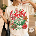 Merry and Bright Graphic T-Shirt Retro Christmas Gingerbread Tee Vintage