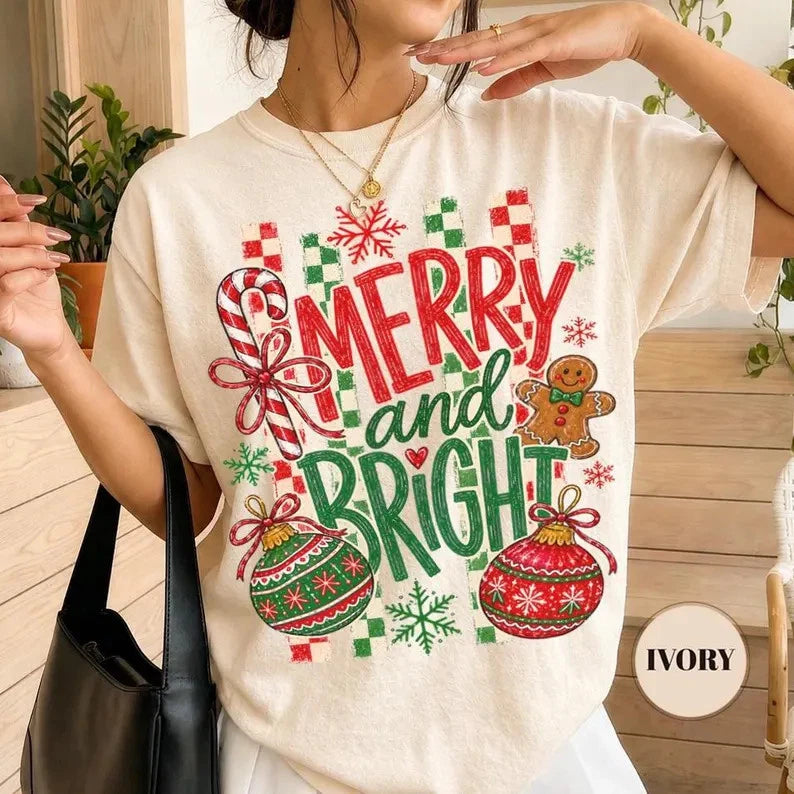 Merry and Bright Graphic T-Shirt Retro Christmas Gingerbread Tee Vintage