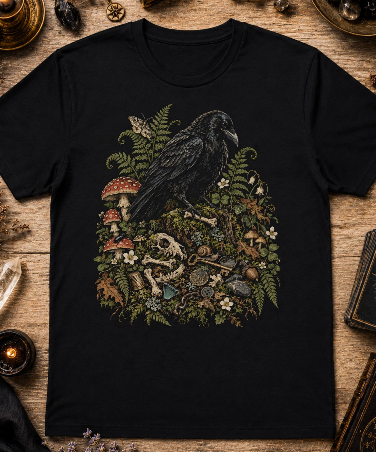Crow T-Shirt Gothic Mushroom Goblincore Oddities Curio Collector Raven Tee XS-5X Image 1 of 4