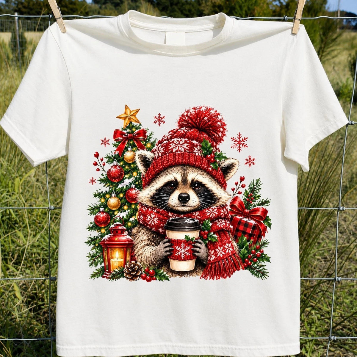 Christmas Raccoon Cute Raccoon Christmas Short Sleeve All Size Shirt Image 1 of 2