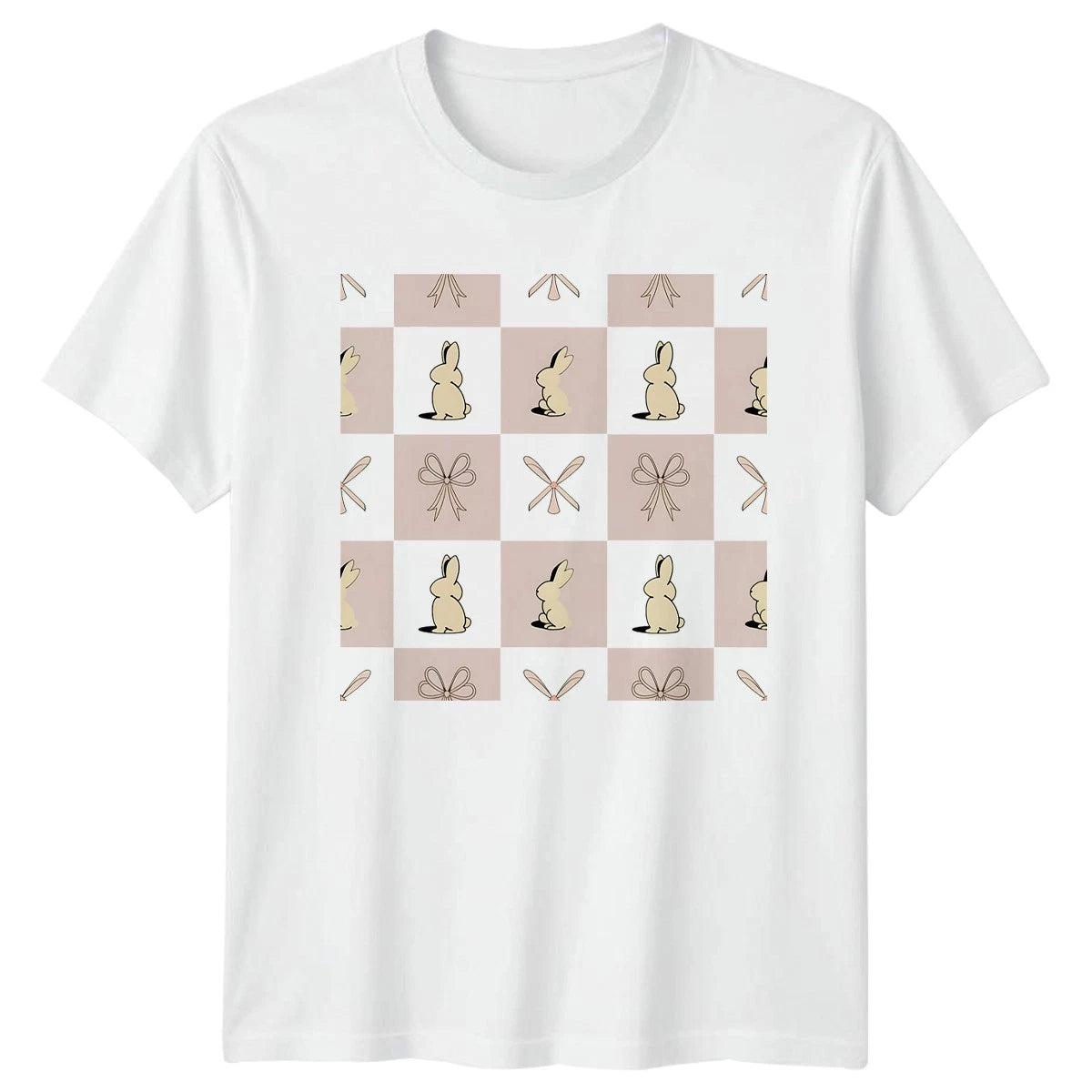 Pastel Bunny Rabbit And Bow Womens T-Shirt Pastel Checkered Print Easter