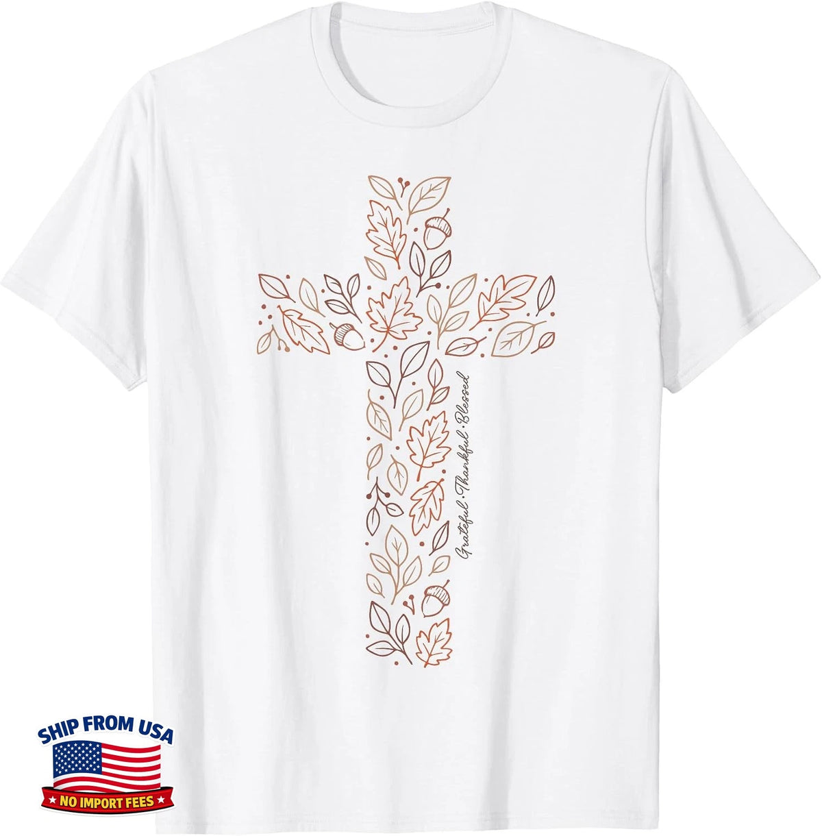Christian Cross Tee Autumn Leaves Grateful Thankful Blessed T-Shirt