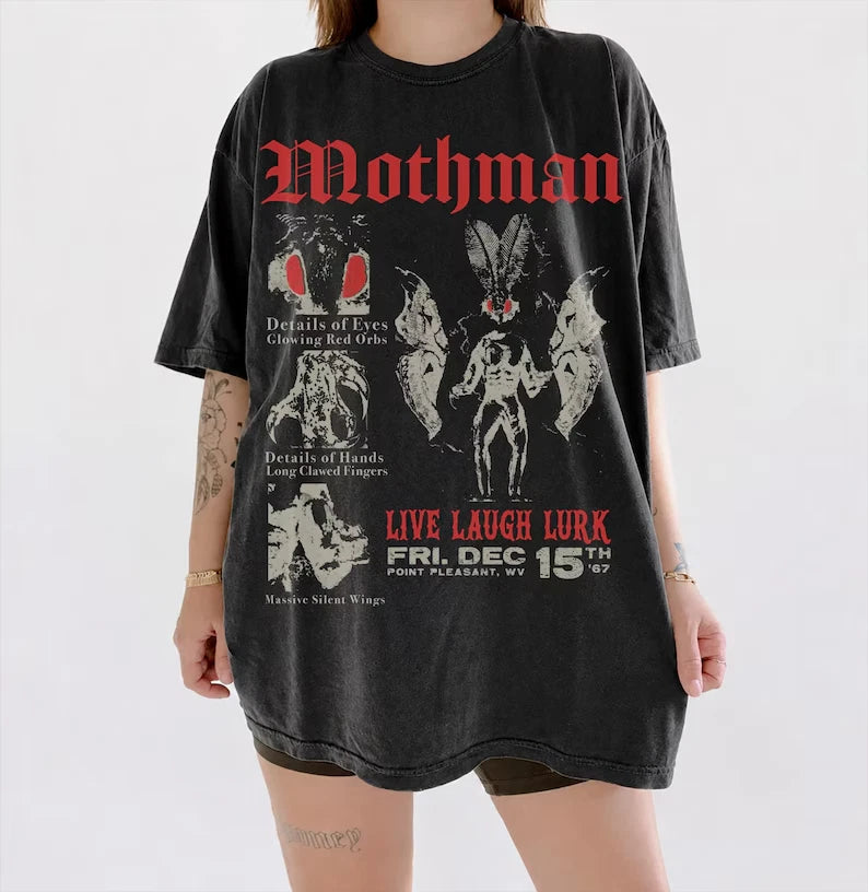 90s Mothman Tee - Goth Moth Cryptid Shirt - horror camping shirt Image 1 of 4