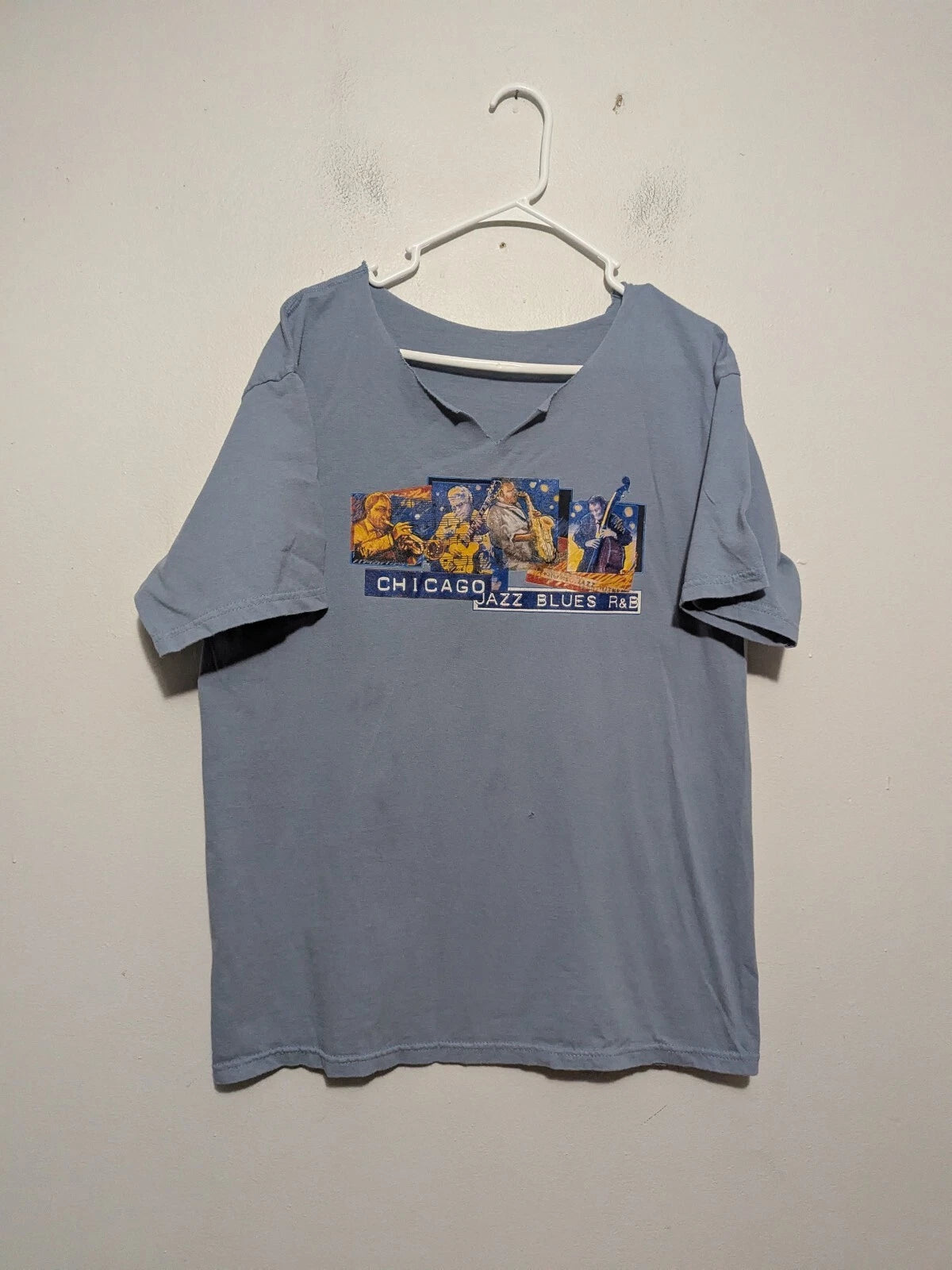Chicago Jazz Blues R&B Graphic T-Shirt Mens Blue Cut Neck Music Tee XL