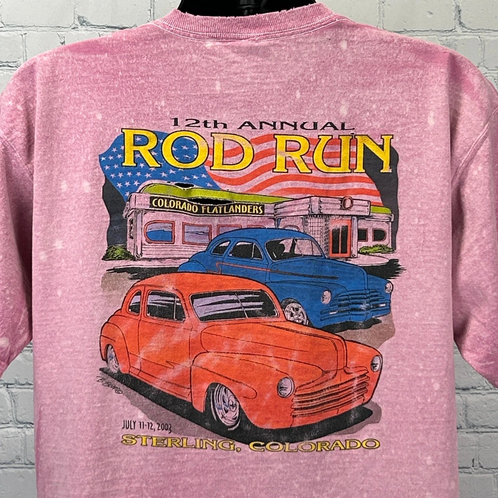 Vintage Y2K Distressed Colorado Flatlanders Car Club T Shirt Hot Rod Run Pink XL