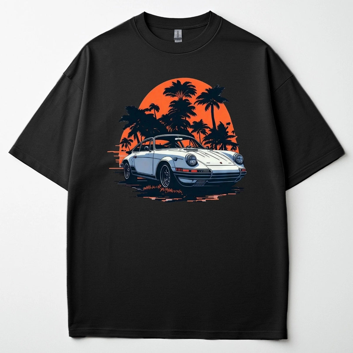 Retro Miami Sunset 911 T-Shirt Vintage German Sports Car Palm Tree Graphic Tee