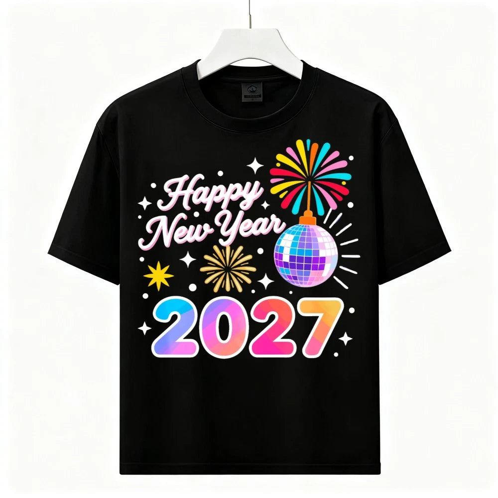 Happy New Year 2027 Disco Ball Fireworks Graphic T-Shirt New Year Party Tee