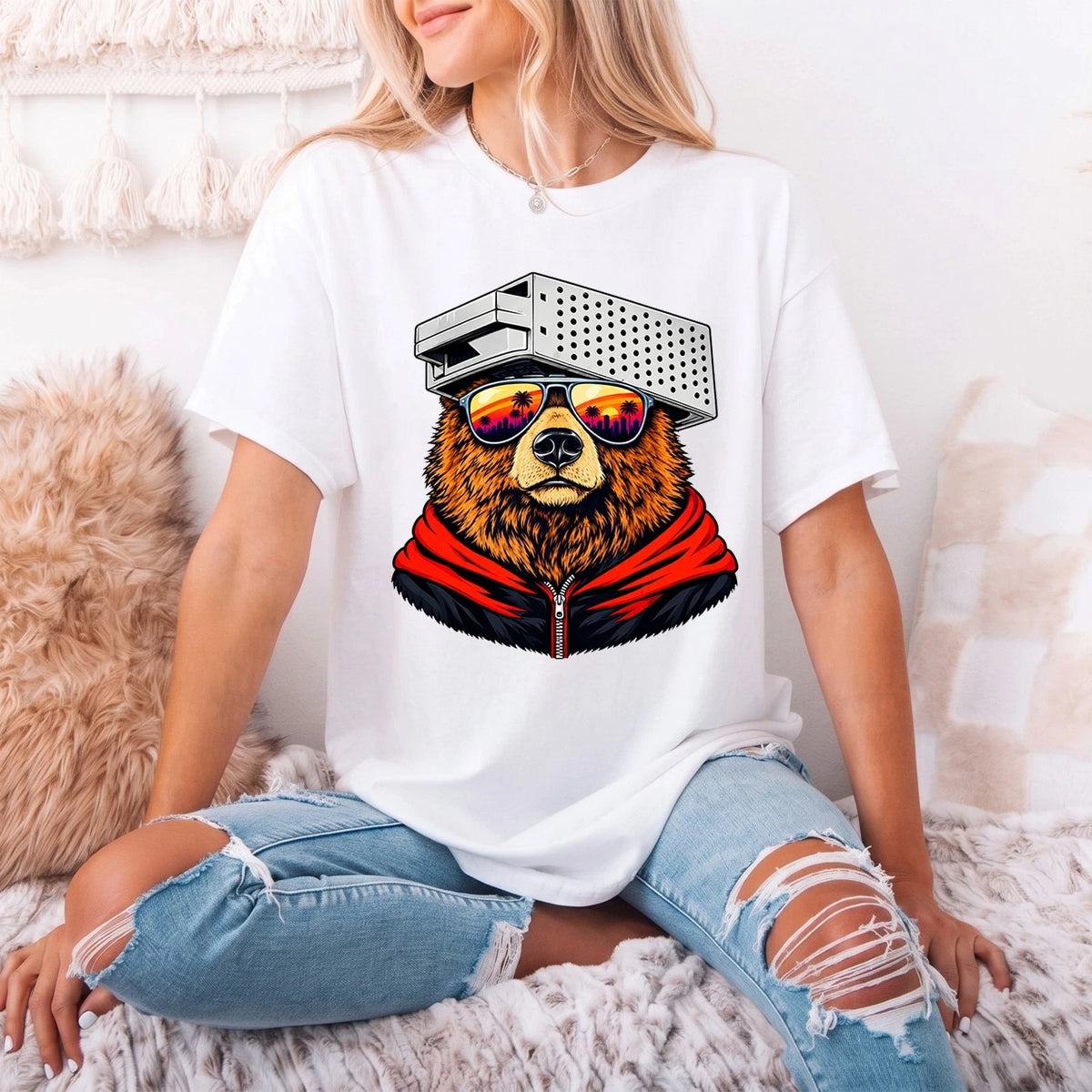 Retro Bear Cheese Grater Hat Sunglasses Sunset Art Funny Shirt - S to 5XL