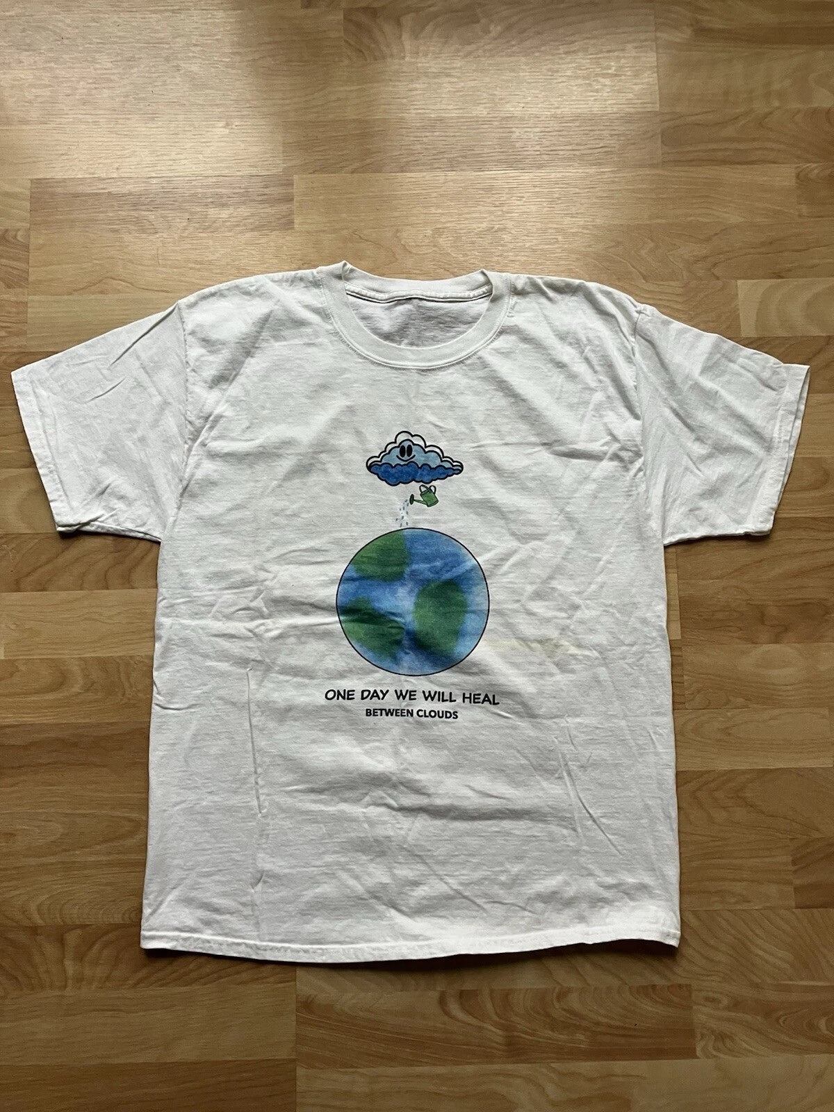 “One Day We Will Heal Between Clouds” White T-shirt Mens Large