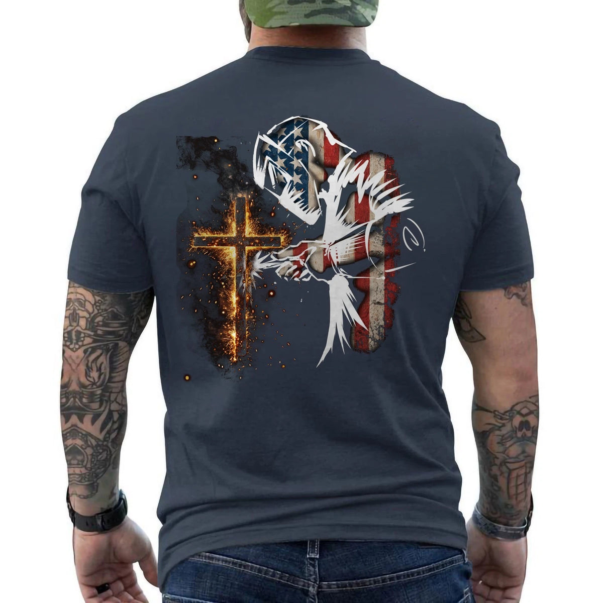 Welder American Flag Mig Tig Welding Faith Cross Christian ON BACK T-Shirt