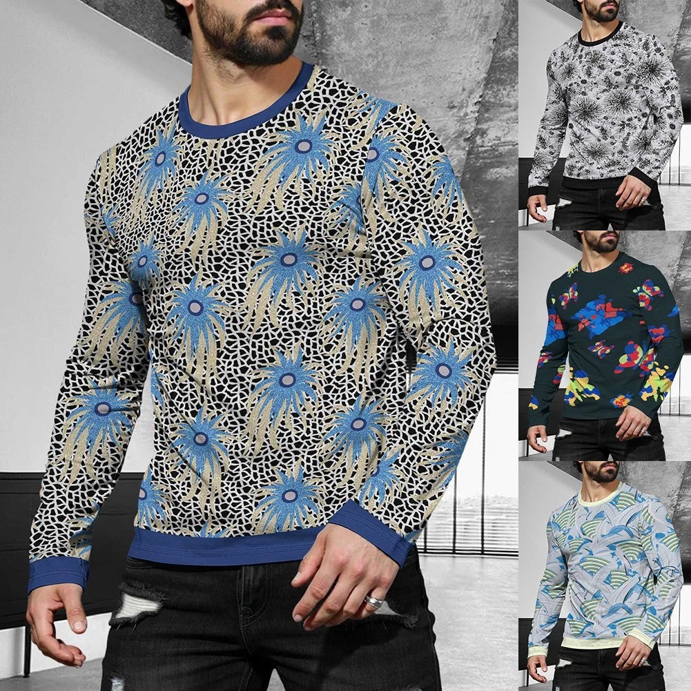 Street Style Men Long Sleeve 3D Print Pullover Round Neck Sport T Shirt