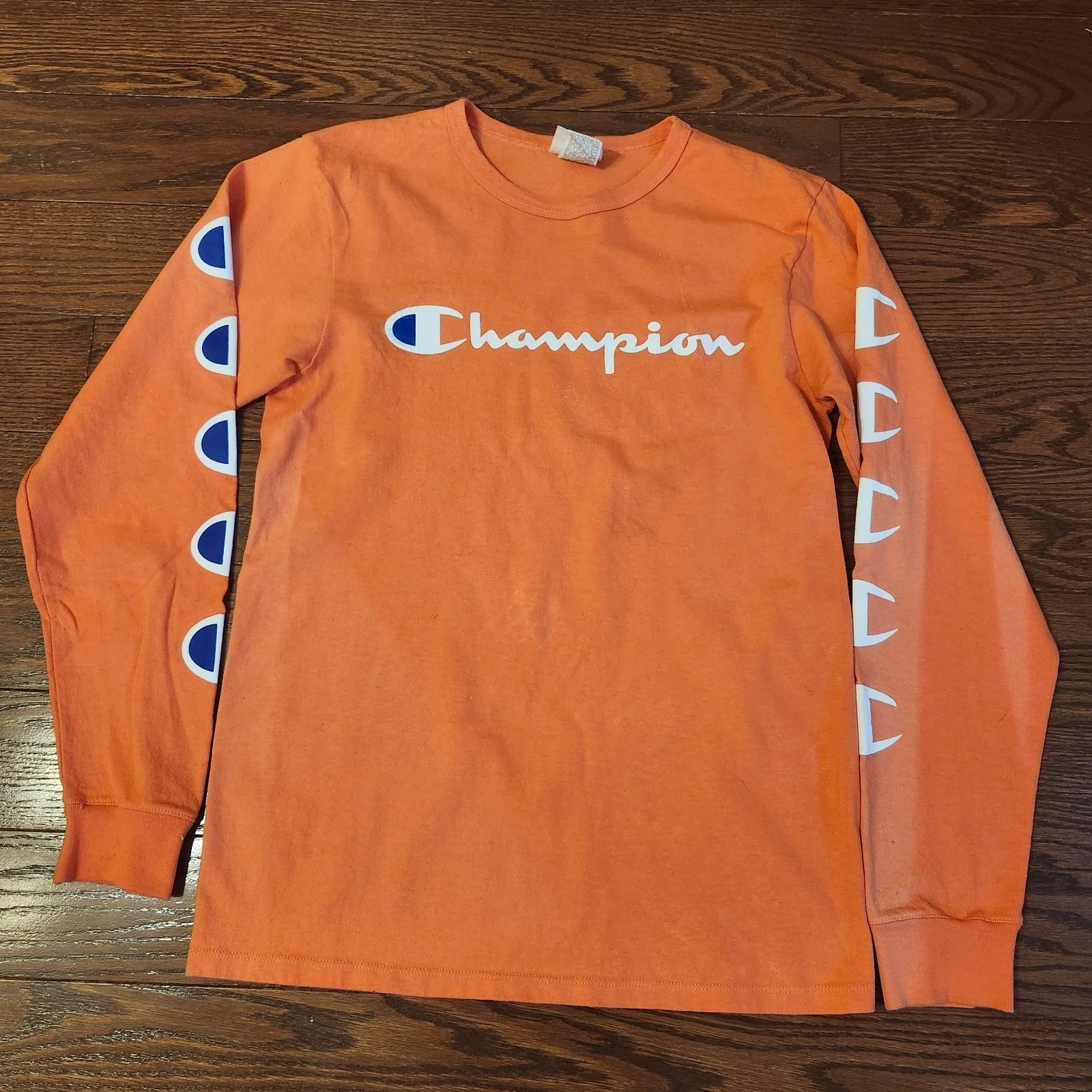 Champion Heritage Long Sleeve Tee Logo on Sleeve Orange Men's Sz M Crew Neck