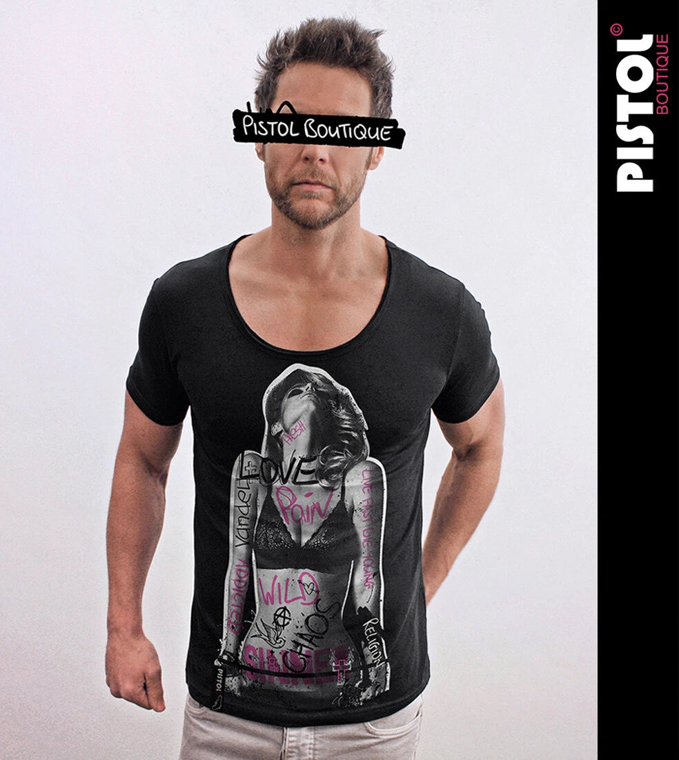 Pistol Boutique Men's Black Scoop Round Neck GRAFFITI TATTOOS GIRL T-shirt