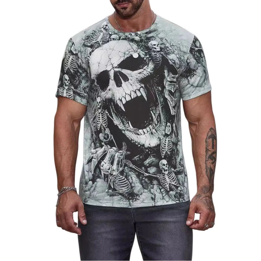 Street style skull print T shirt for men with loose fit and breathable fabric