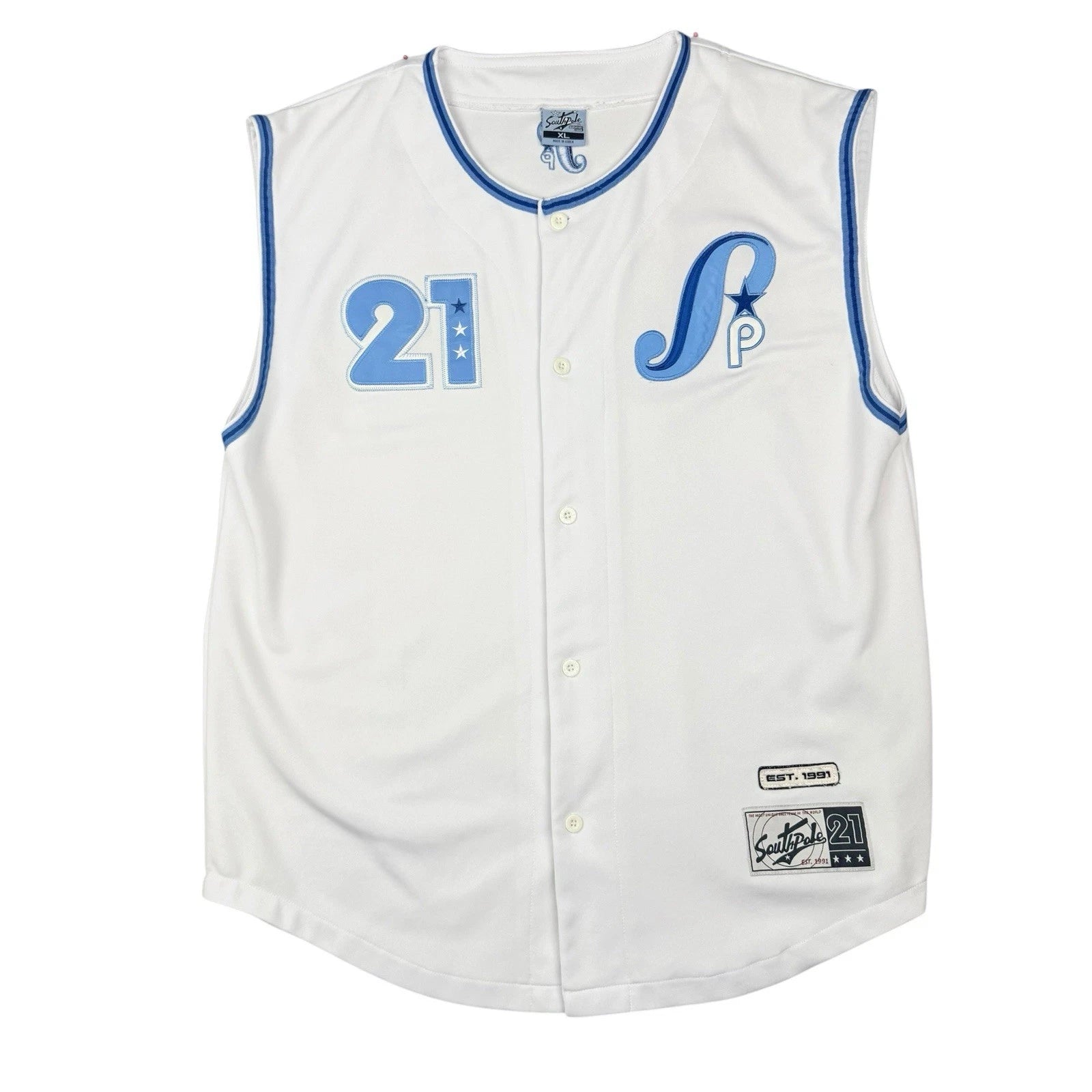 Vtg Southpole Jersey XL Sleeveless Baseball Shirt Blue Wht Hip Hop Street Y2K