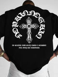 Men's Gothic Streetwear T-Shirt Ornate Cross & Circle Script Graphic Print Crew