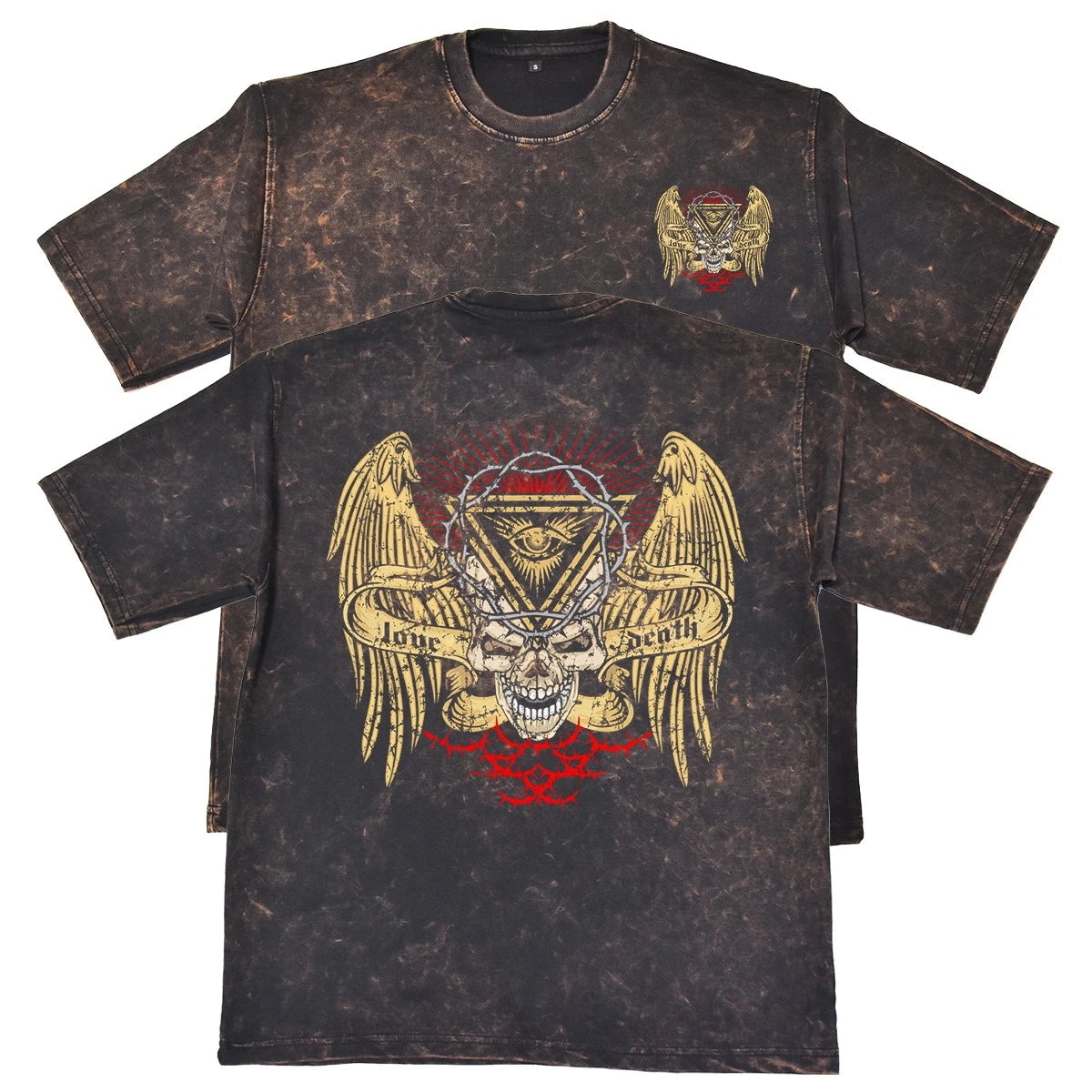 Love Death Skull Unisex Mens Rust 240gsm French Terry Acid Wash T-Shirt Grunge