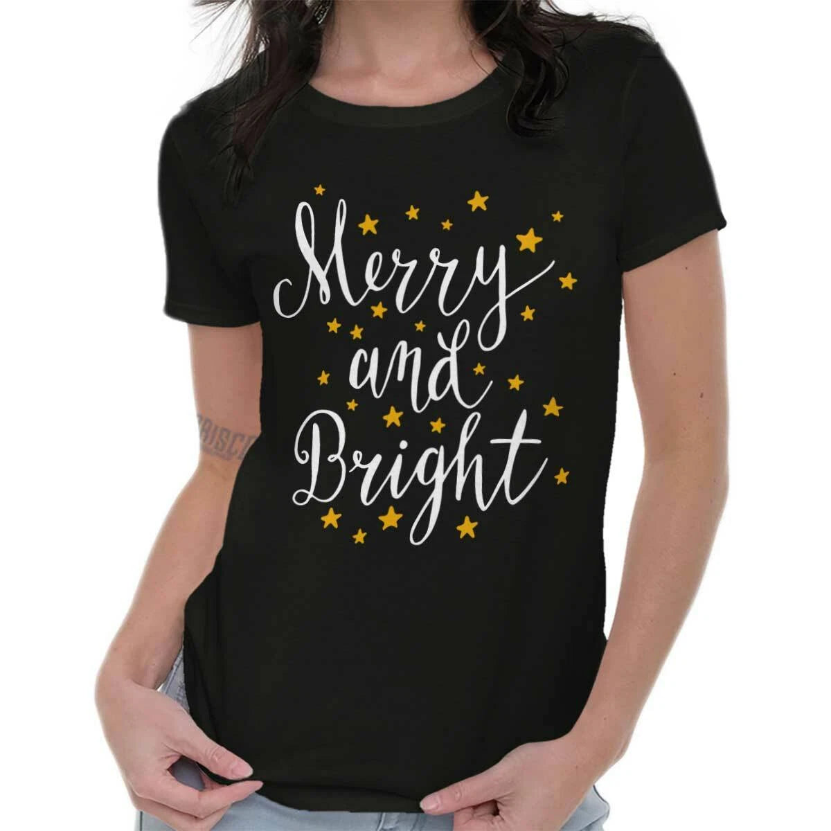 Merry And Bright Christmas Holiday Xmas Gift Womens Top Junior Graphic Tee