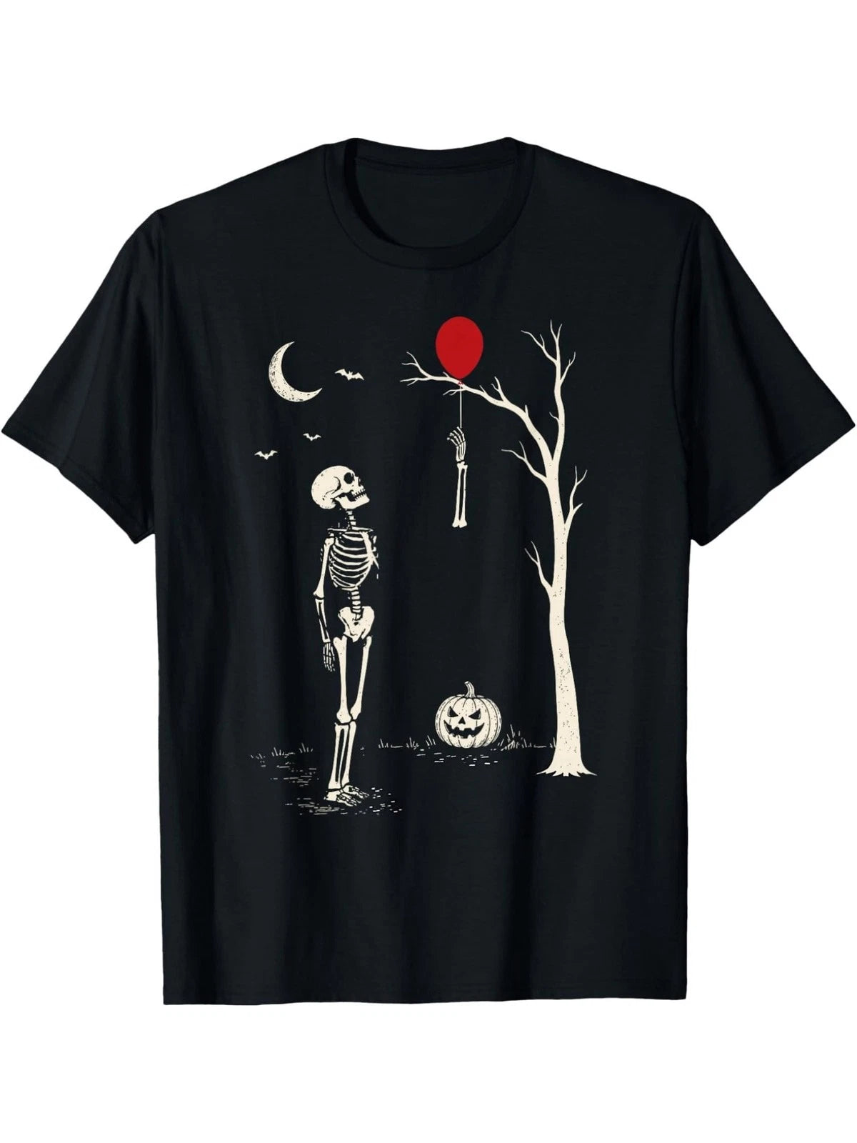 Skeleton Red Balloon T-Shirt Spooky Halloween Graphic Tee