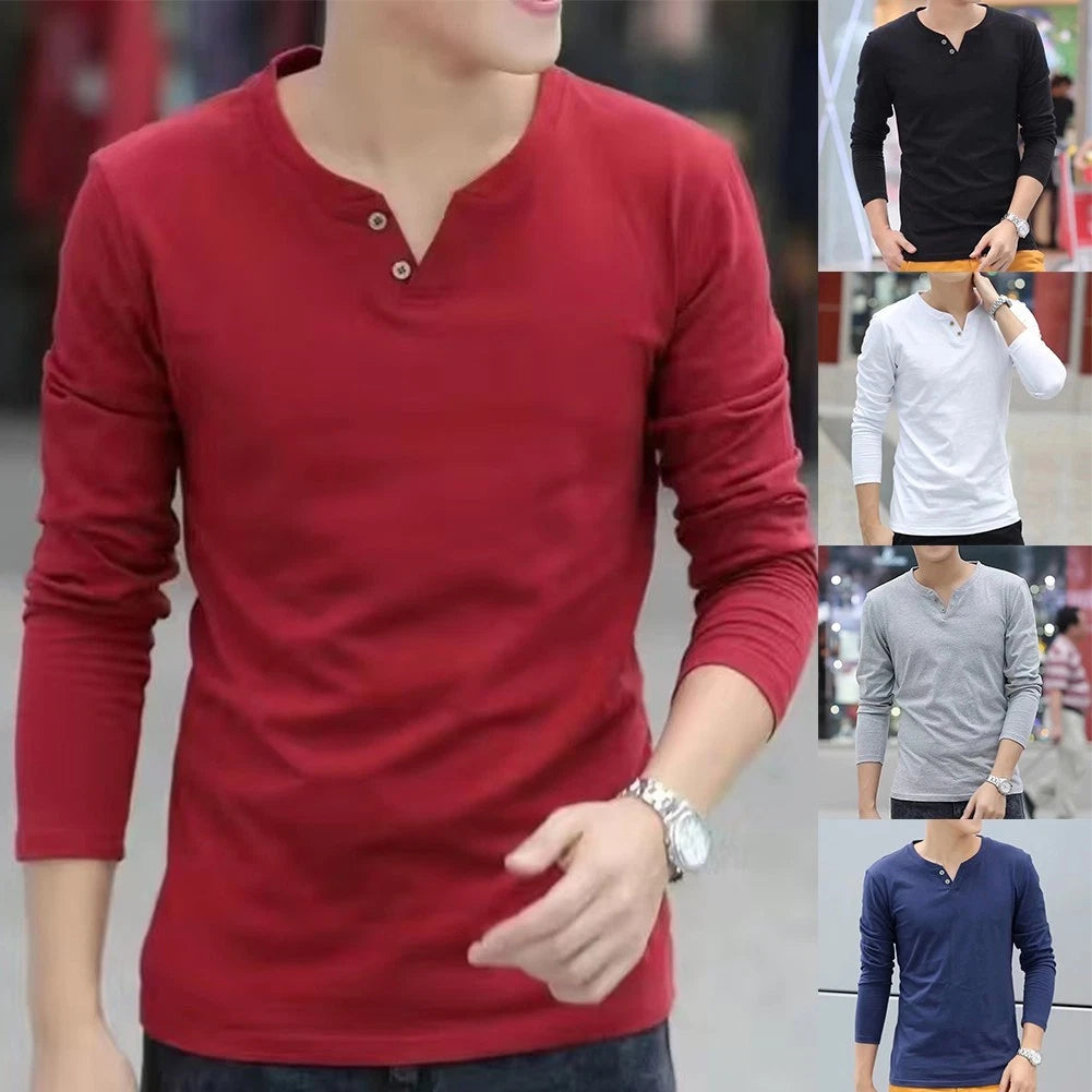 Elegant and Trendy Long Sleeve T Shirt with Button V Neck Henley for Men