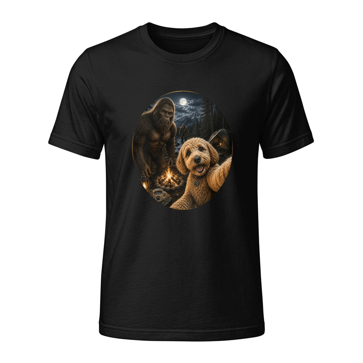 Goldendoodle Bigfoot Campfire T-Shirt Funny Dog Camping Tee Frisky Biscuits