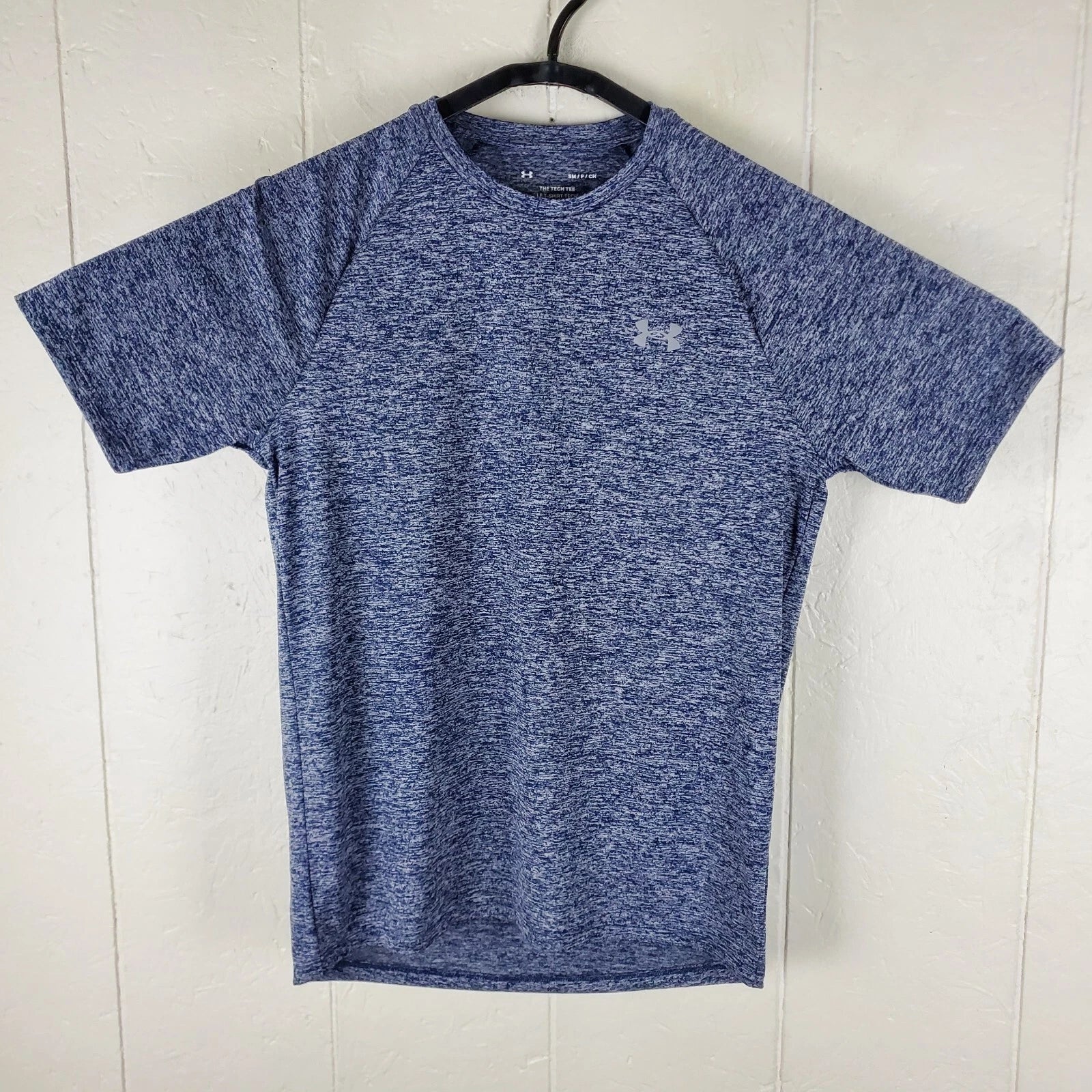 Under Armour Shirt Mens Small Blue Crew Neck short Sleeve Logo Stretch Pullover