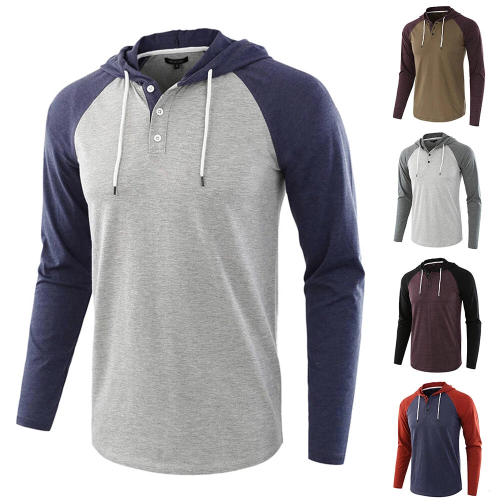 Men's Casual Color Block Long Sleeve Raglan Hoodie Round Hooded T-Shirts Vintage