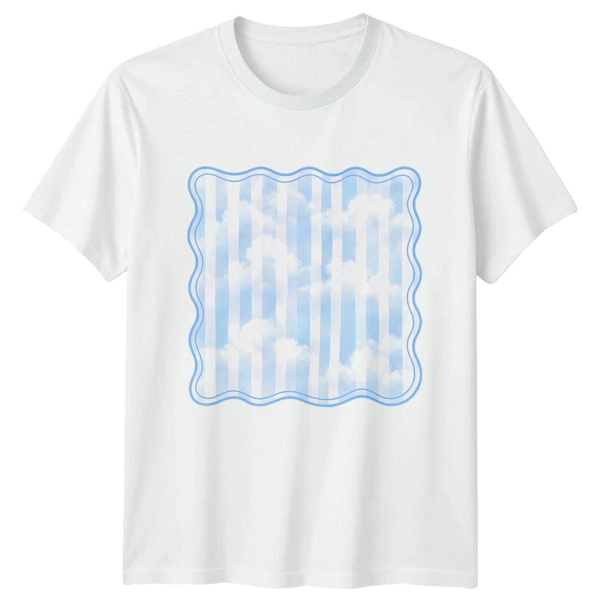 Blue White Clouds Striped Wavy T-Shirt Preppy Blue Clouds Aesthetic Summer Gift