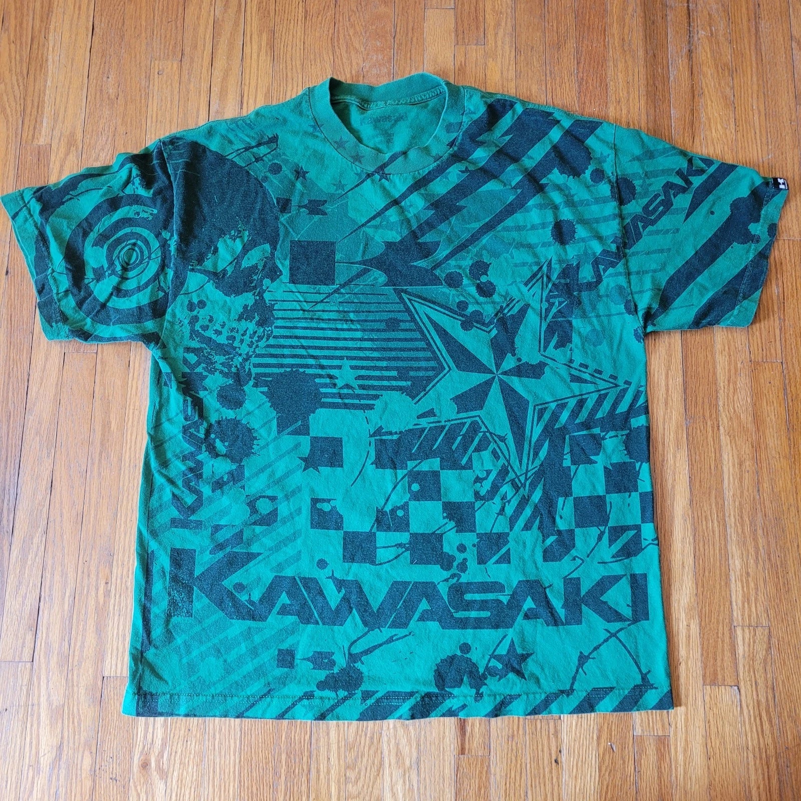 Vintage Y2K Kawasaki XL T-Shirt Tee Affliction Style Graffiti AOP Grunge Street