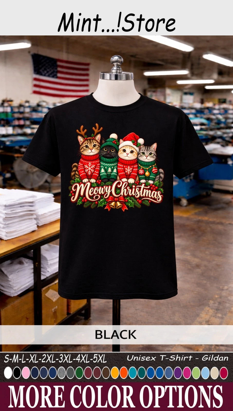 Meowy Christmas Cat T-Shirt, Funny Holiday Cat Lover Graphic Tee Image 1 of 4