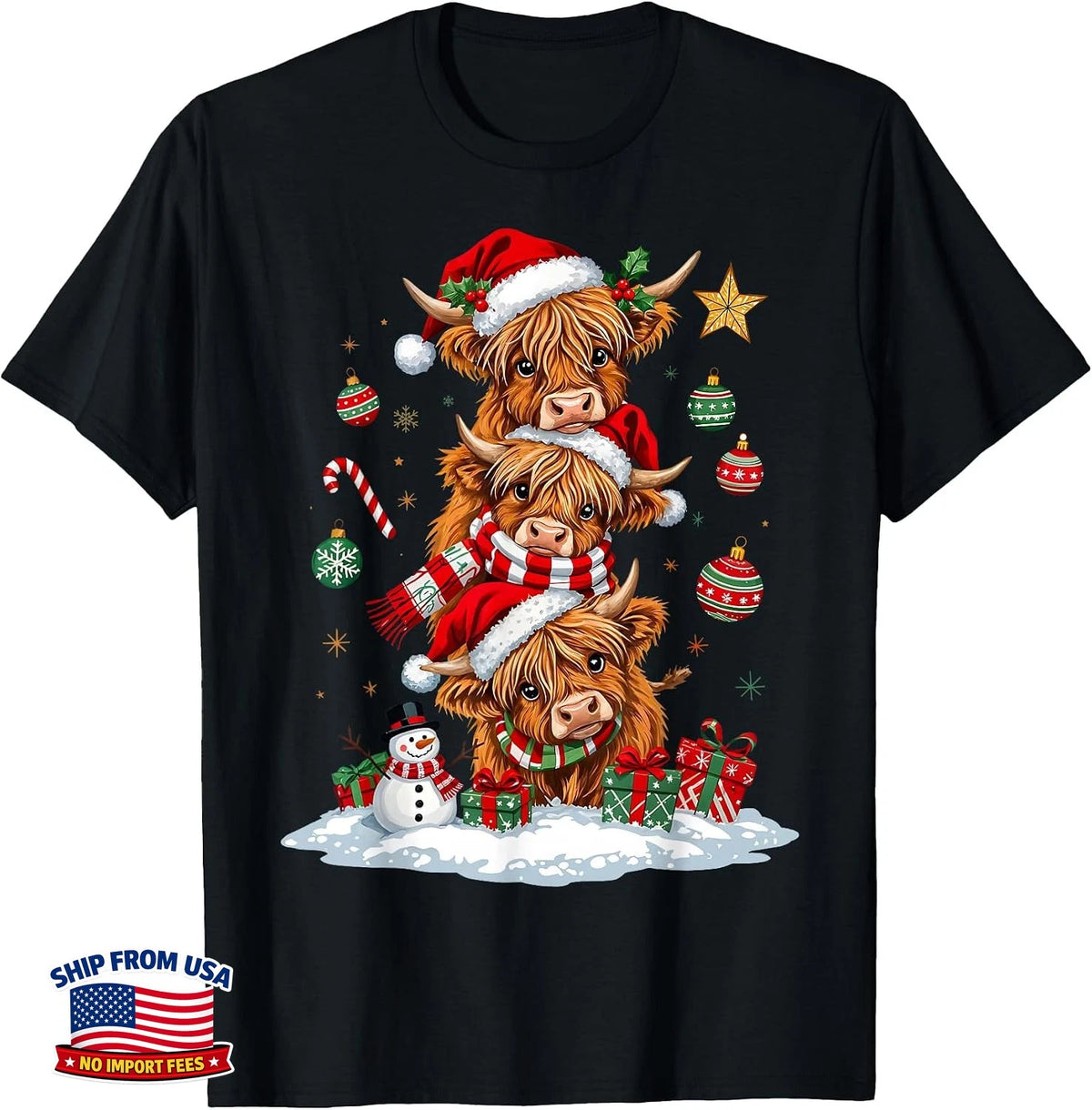 Funny Merry Moo Cows Highland Cow Christmas Snowman T-Shirt