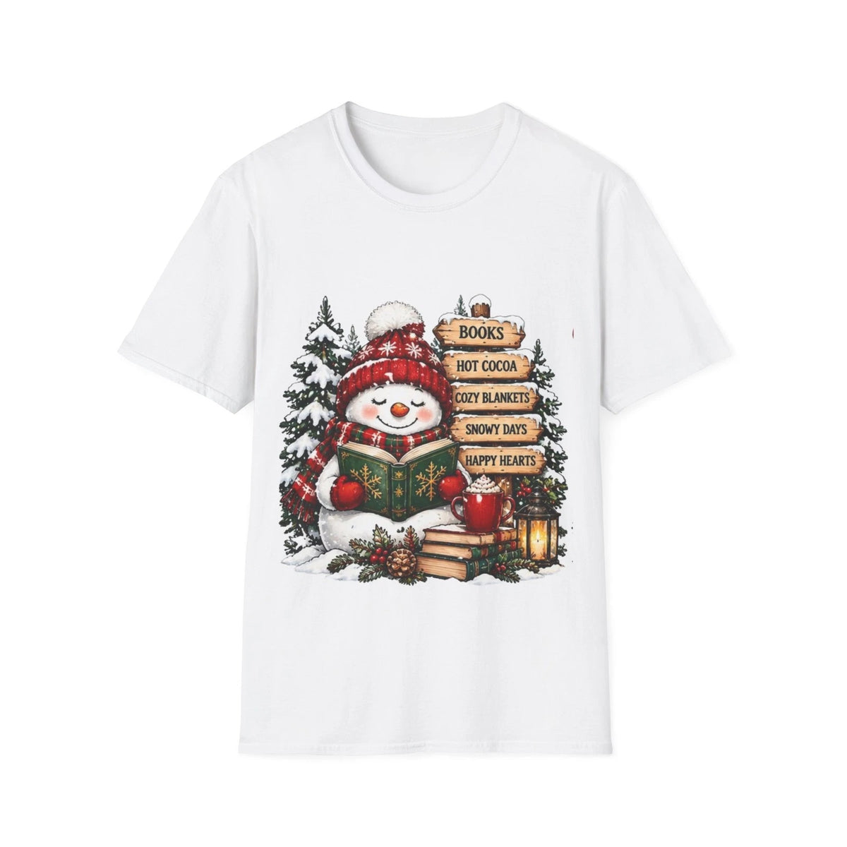 Cozy Snowman Reading Books T-Shirt | Winter Hot Cocoa Cozy Blankets Image 1 of 4